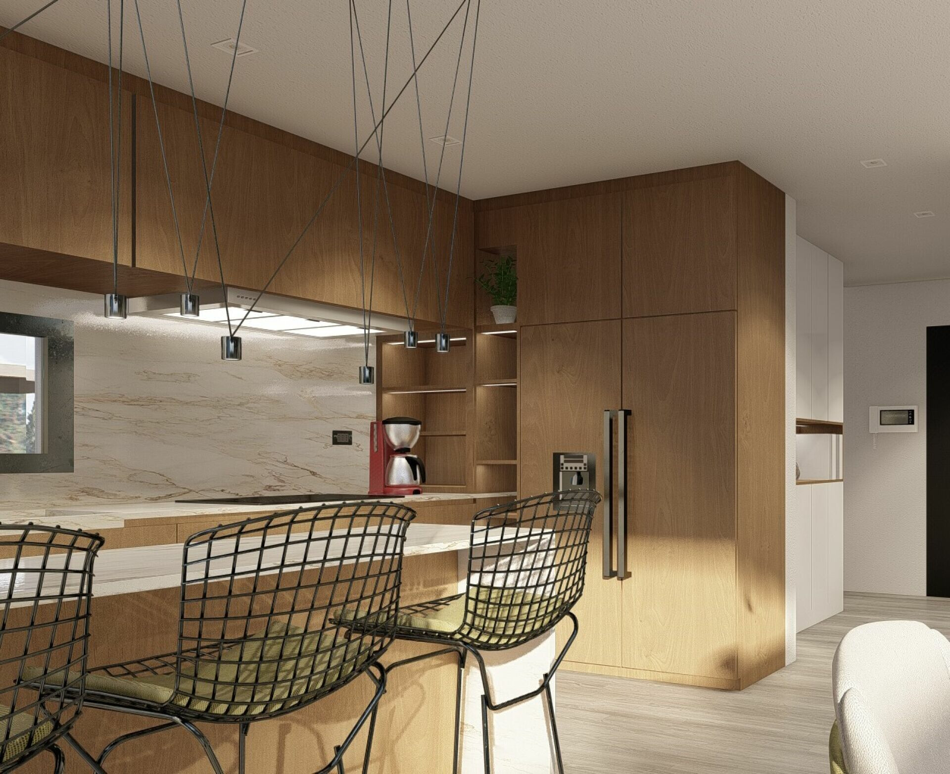 Moderne Wohnküche mit Holzfronten
