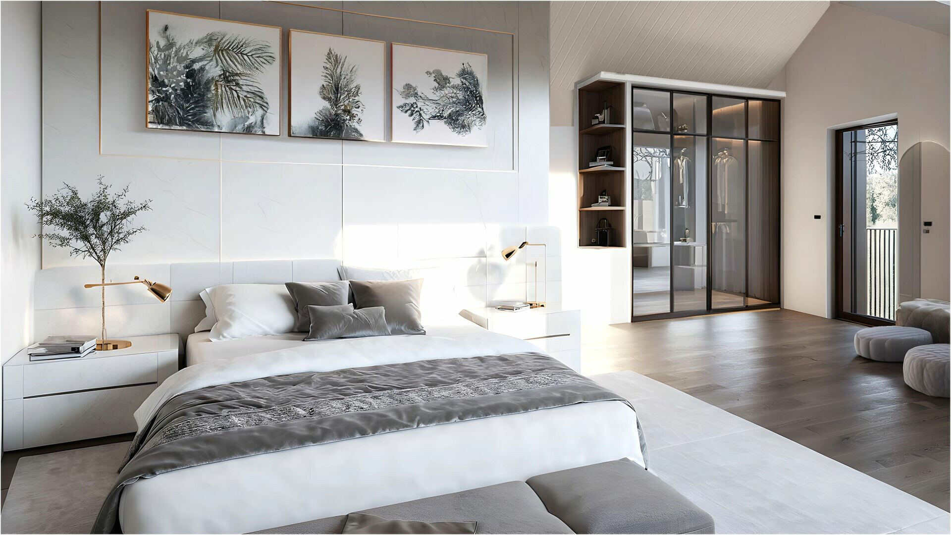 Helles modernes Schlafzimmer mit Ankleidebereich
