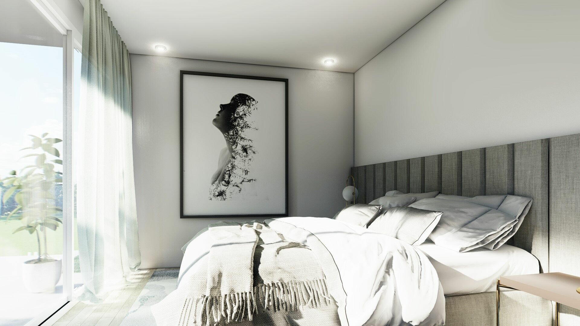 Helles, modernes Schlafzimmer mit bodentiefem Fenster und gepolstertem Kopfteil