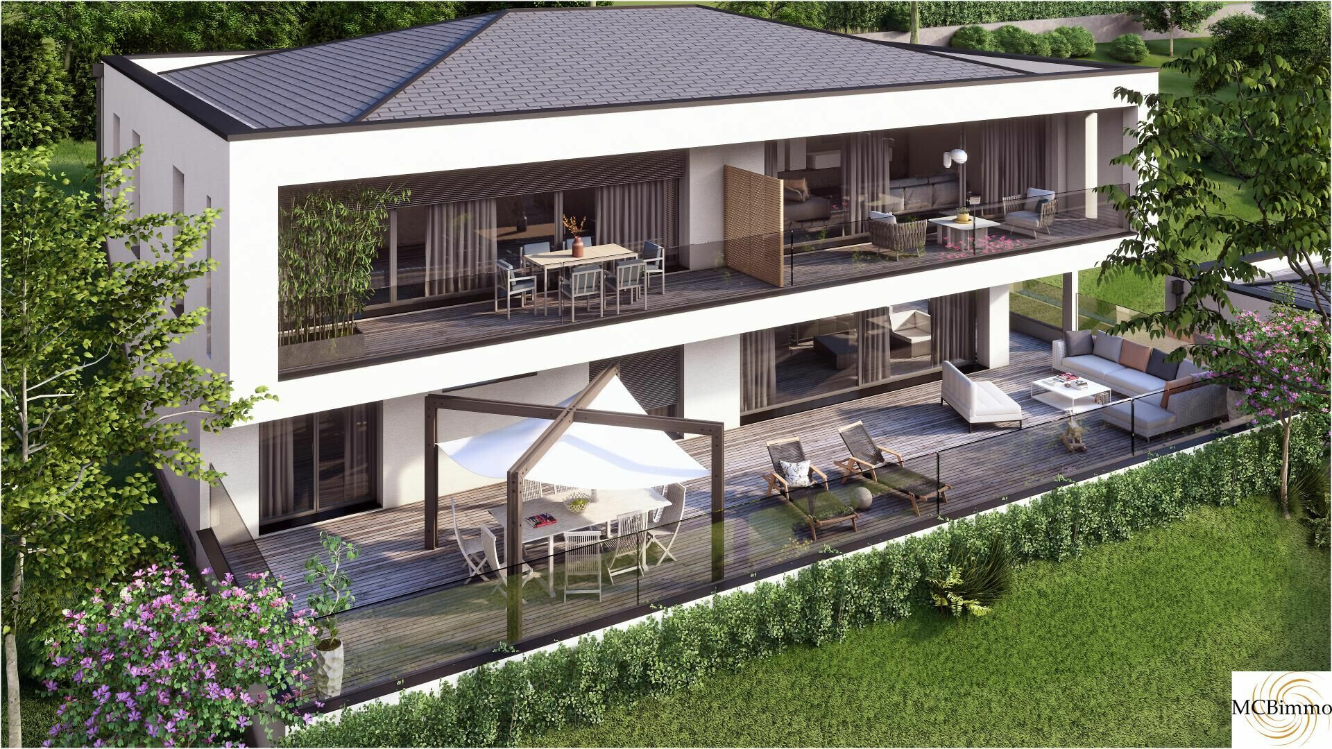 Mehrgeschossiges modernes Wohnhaus mit großzügigen Terrassen