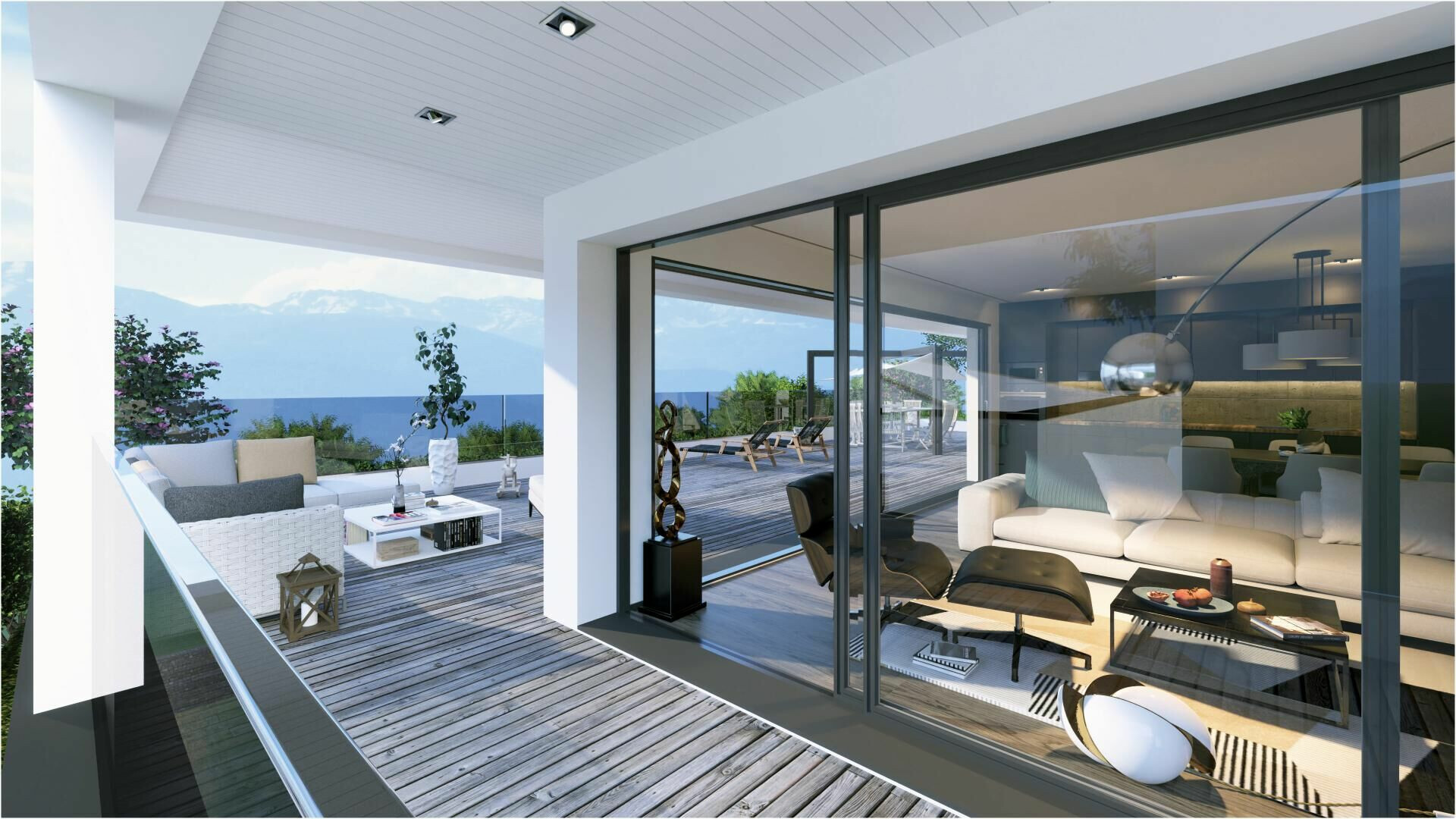 Luxuriöse Terrasse mit Blick in den Wohnbereich