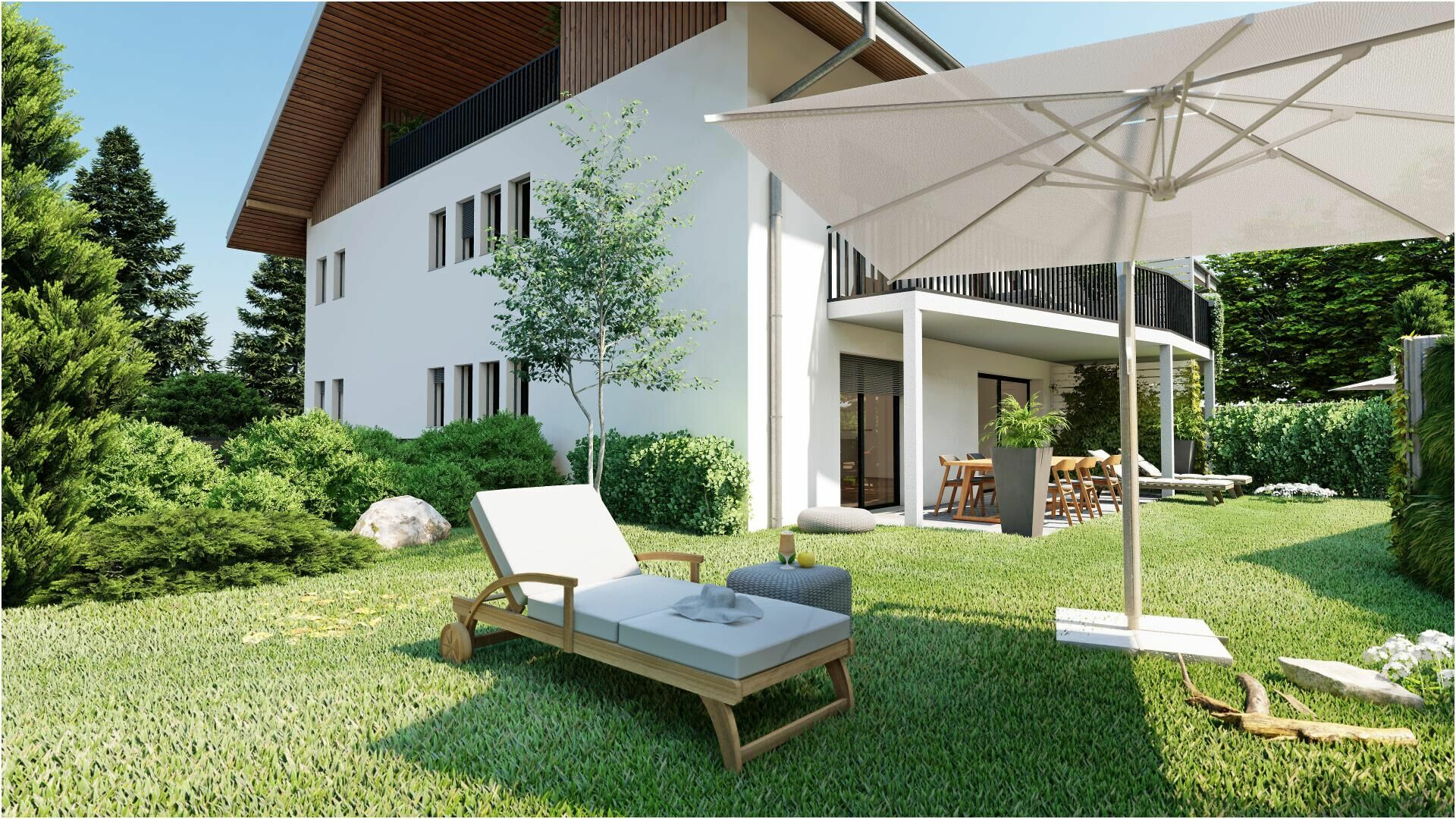 Moderner Garten mit Terrasse und Außensitzbereich