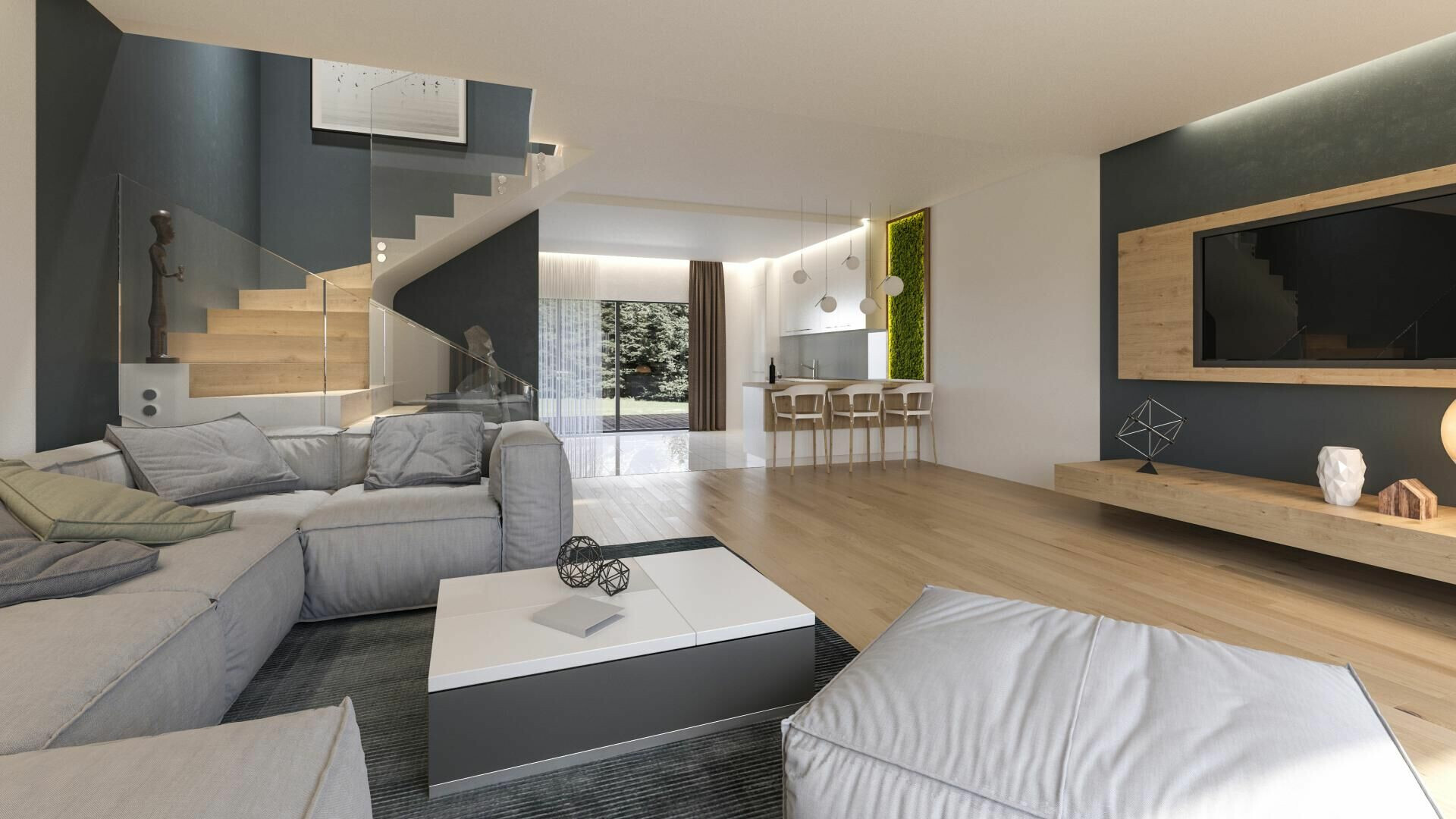 Modernes offenes Wohn- und Esszimmer mit Treppe