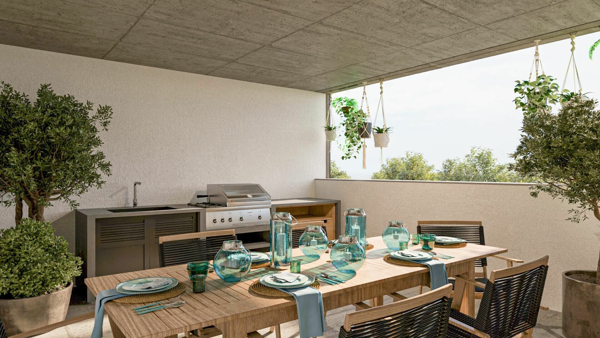 Überdachte Outdoor-Terrasse mit Grill und Esstisch