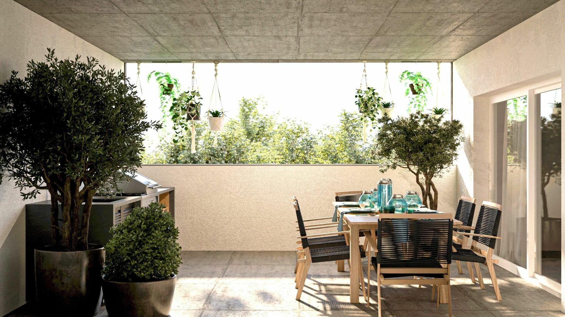 Überdachte Terrasse mit Essbereich und Pflanzen