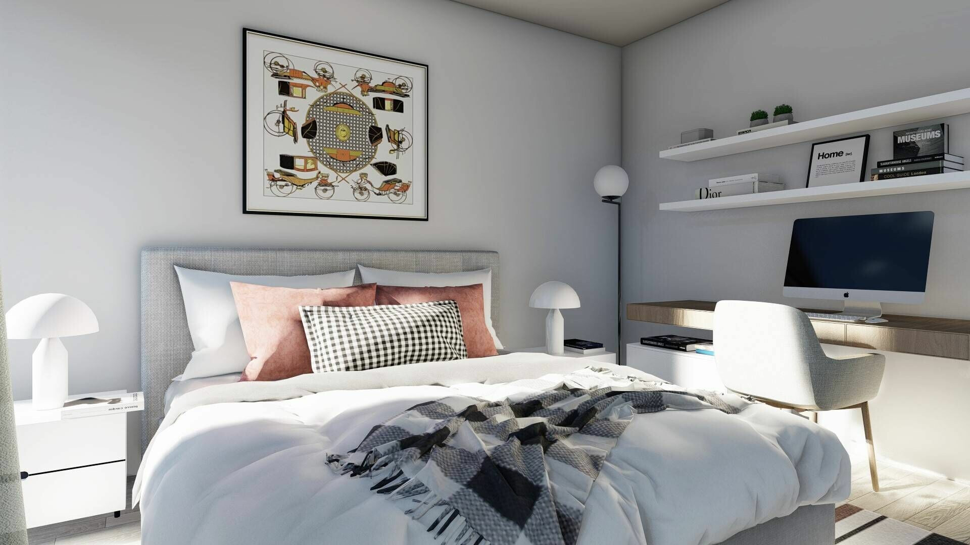 Helles, modern eingerichtetes Schlafzimmer mit Arbeitsplatz