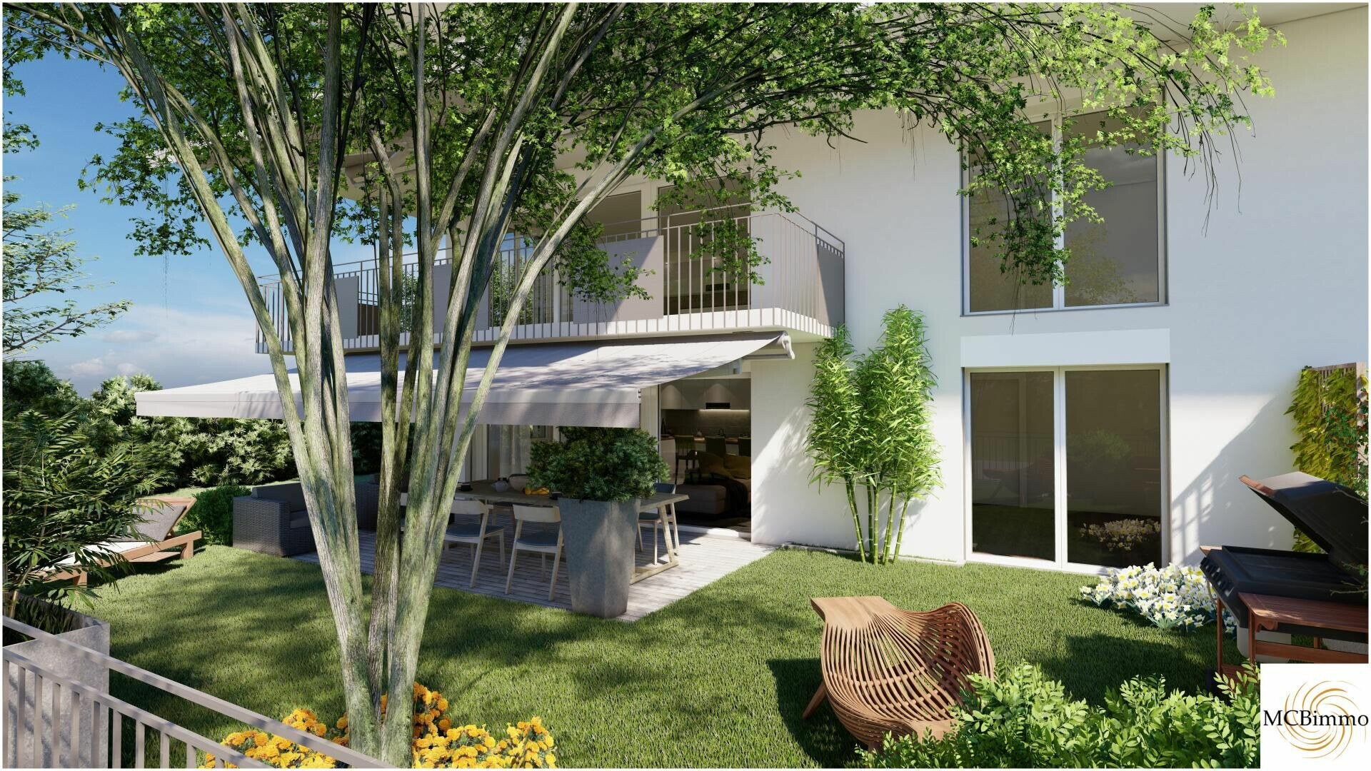 Moderne Hausansicht mit Garten und Terrasse