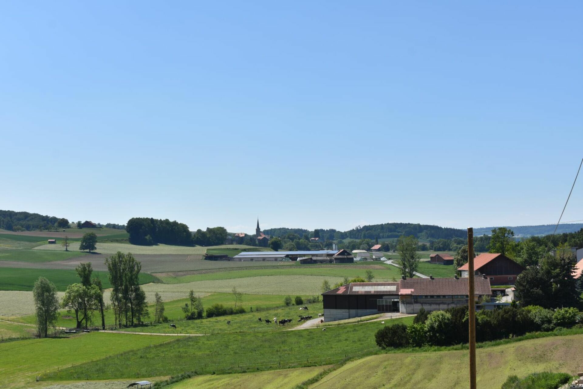 Ländliche Panoramalandschaft mit Feldern und Hofgebäuden