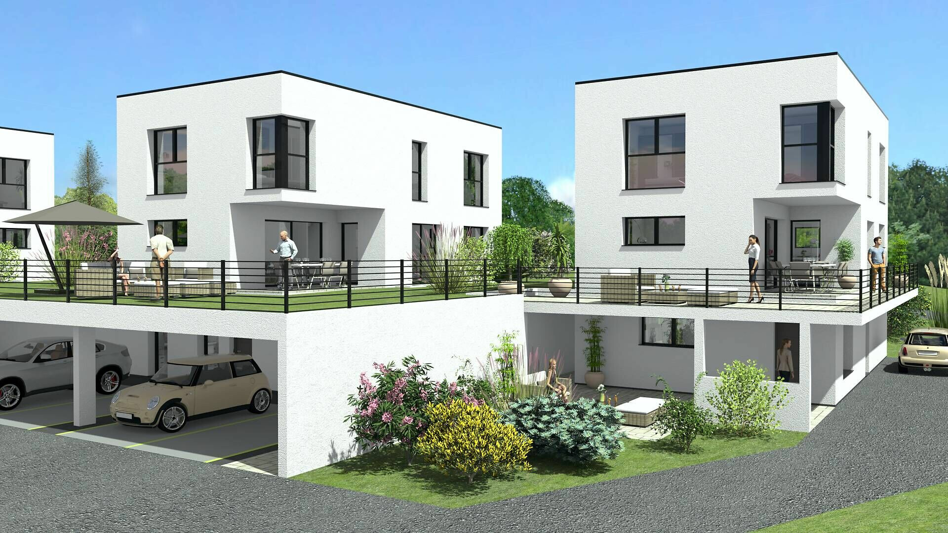 Moderne Wohnanlage mit Terrassen und Carports