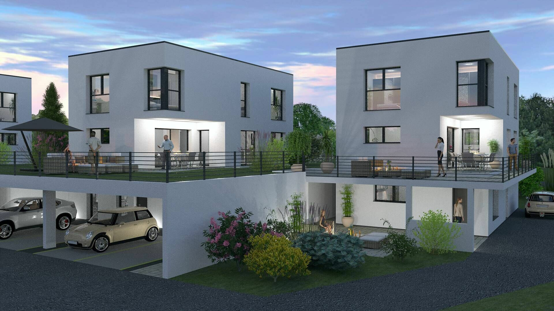 Moderne Wohnanlage mit Dachterrassen und Carports