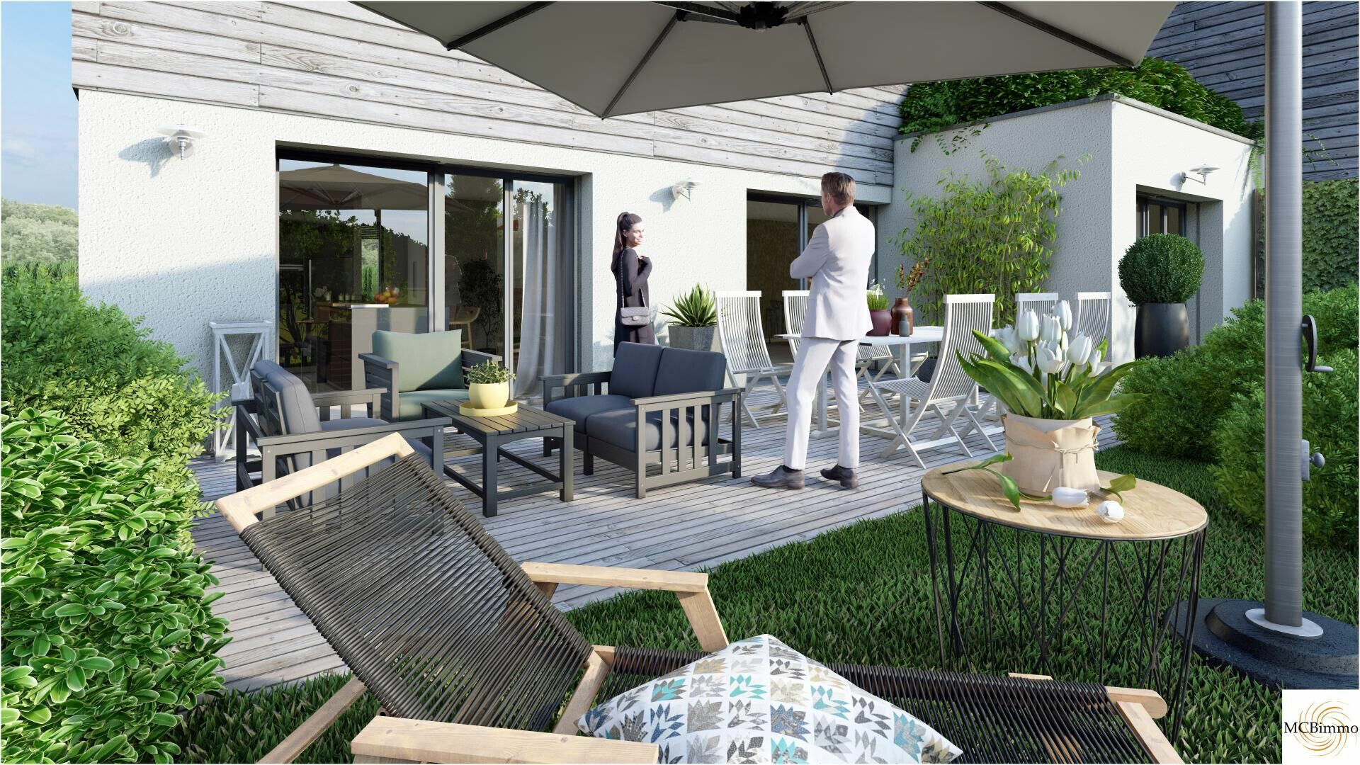 Moderne Dachterrasse mit Lounge- und Essbereich