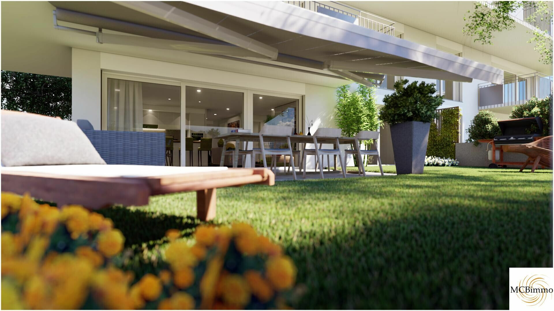 Moderner Garten mit Terrasse und Pergola