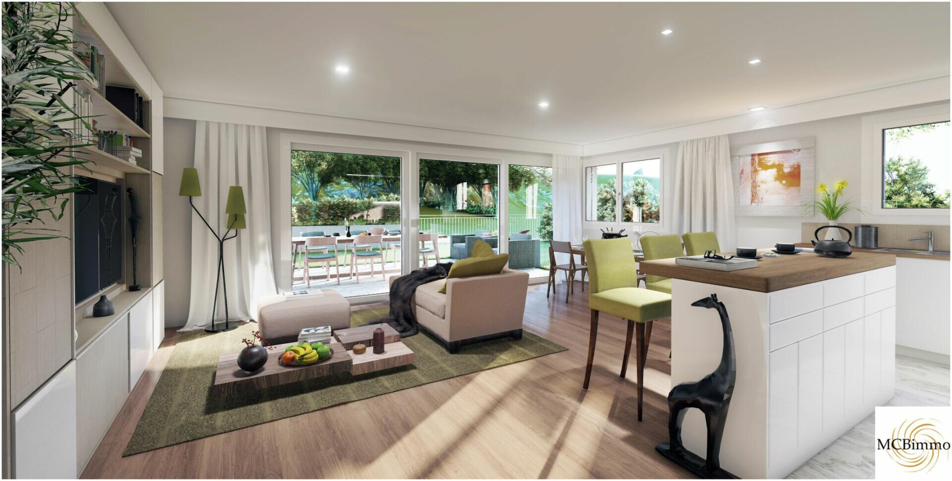 Helles offenes Wohn-Esszimmer mit Küche und Zugang zur Terrasse