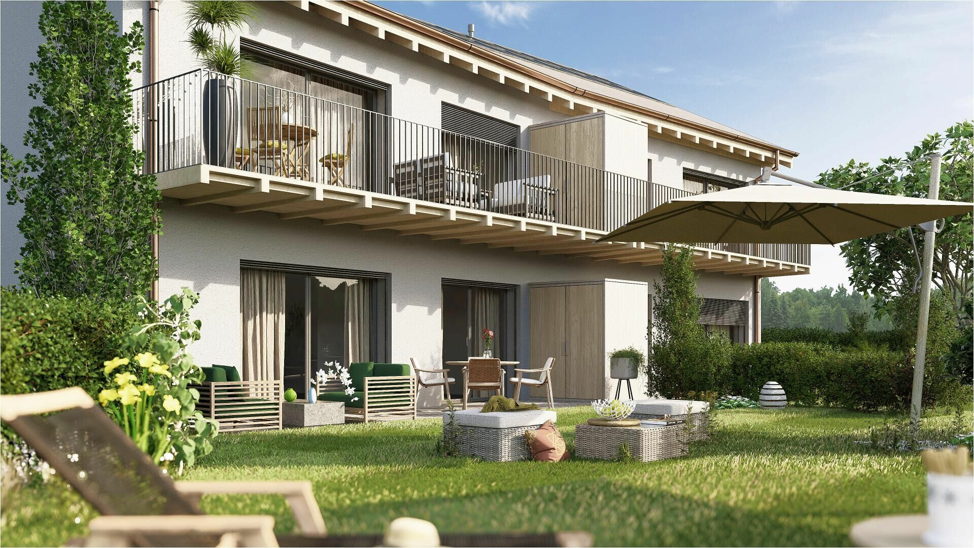 Modernes Haus mit großem Balkon und Garten