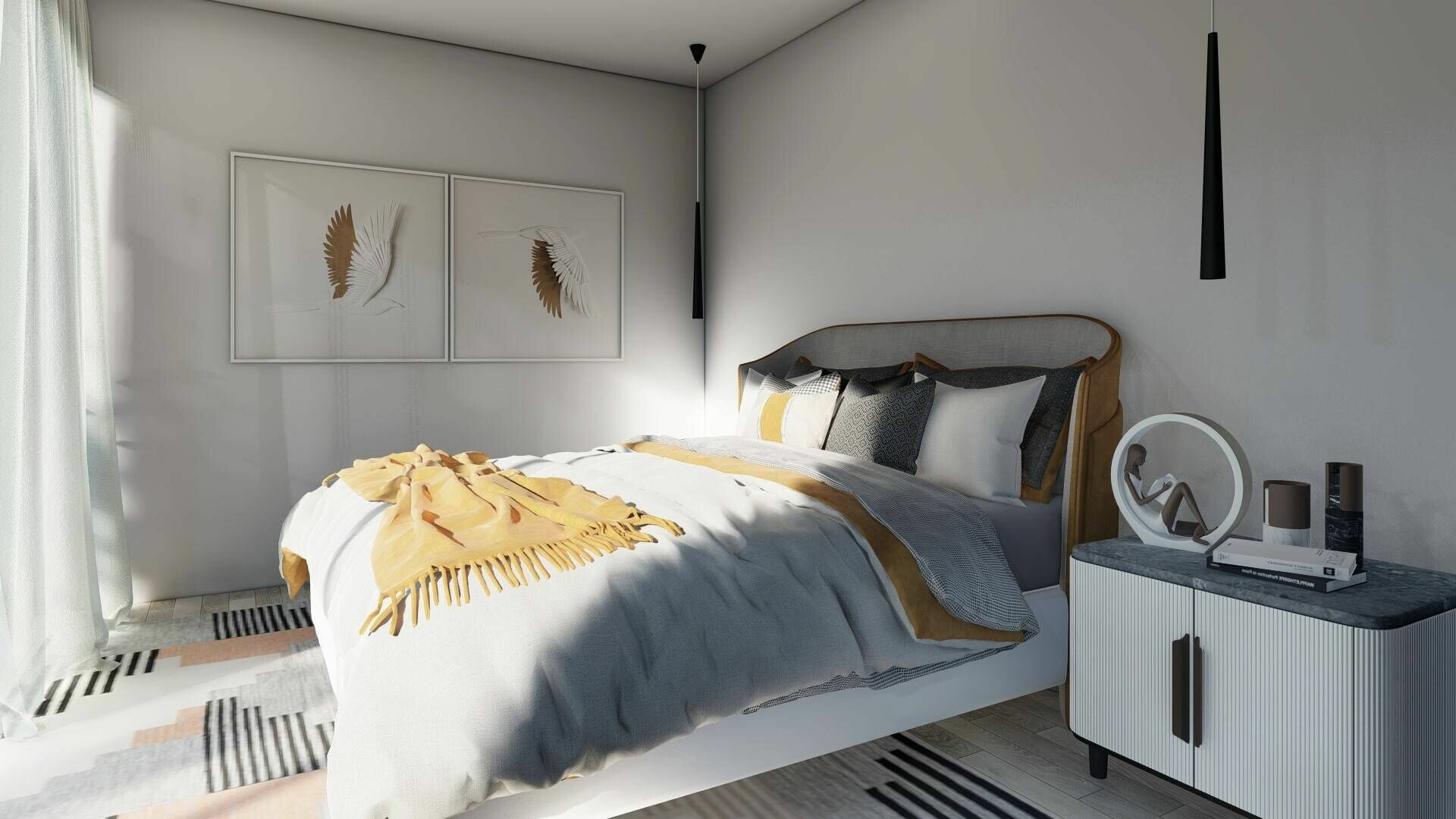 Modernes Schlafzimmer mit heller, minimalistischer Einrichtung