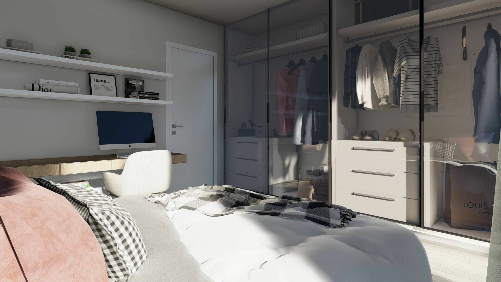 Helles Schlafzimmer mit Arbeitsbereich und begehbarem Kleiderschrank