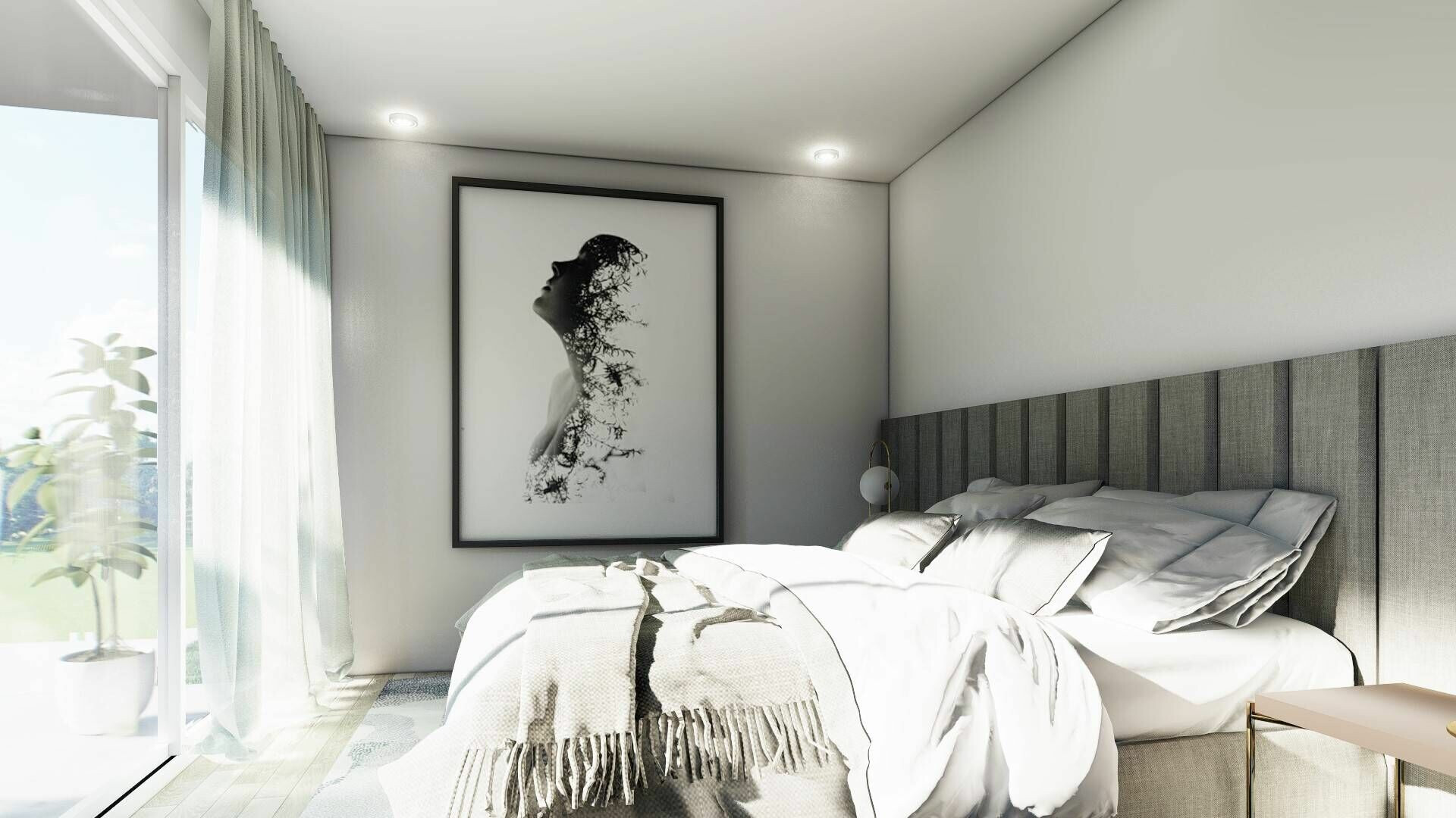 Helles Schlafzimmer mit großem Bett am Fenster
