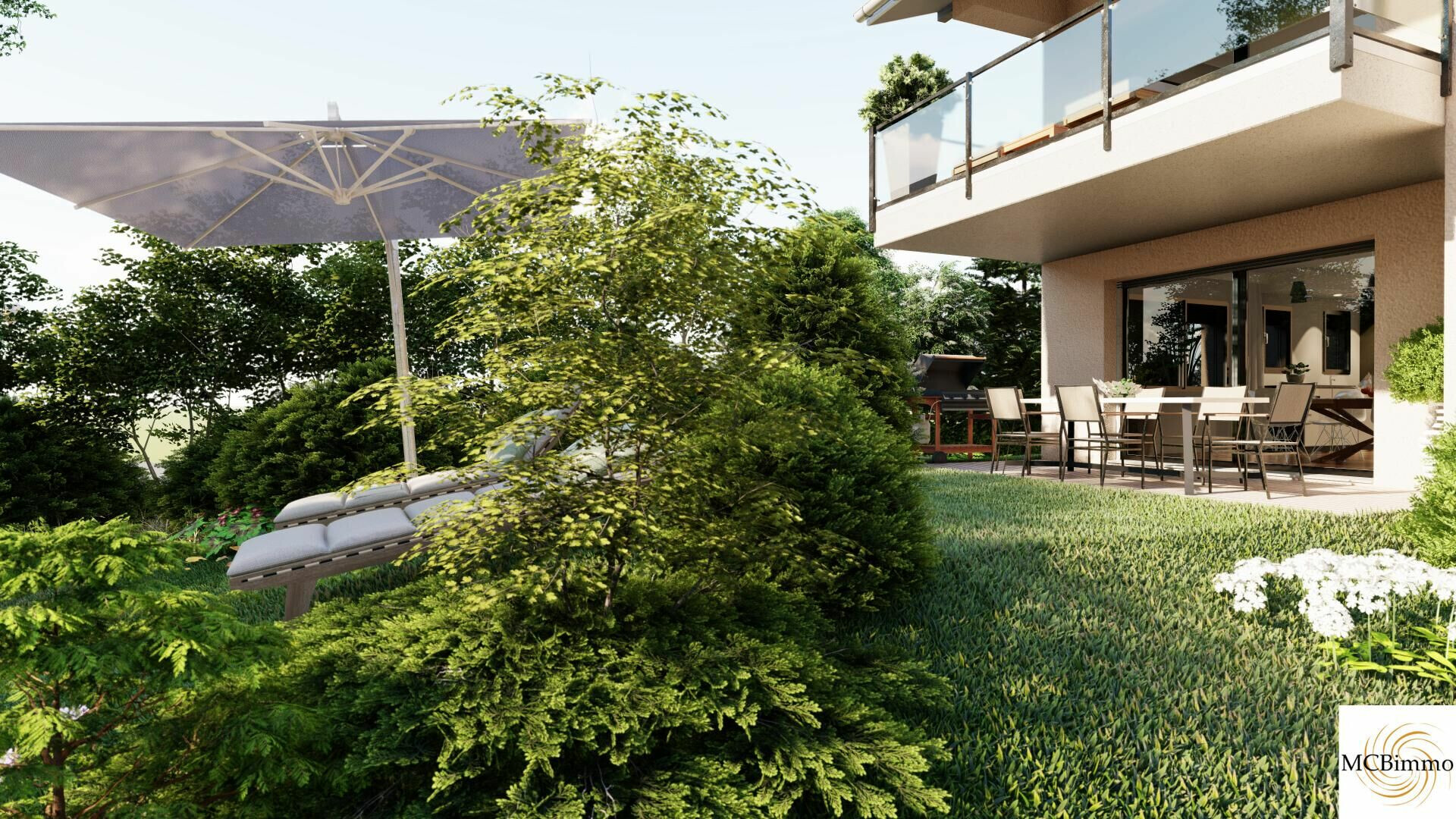 Gepflegte Garten- und Terrassenszene am modernen Wohnhaus