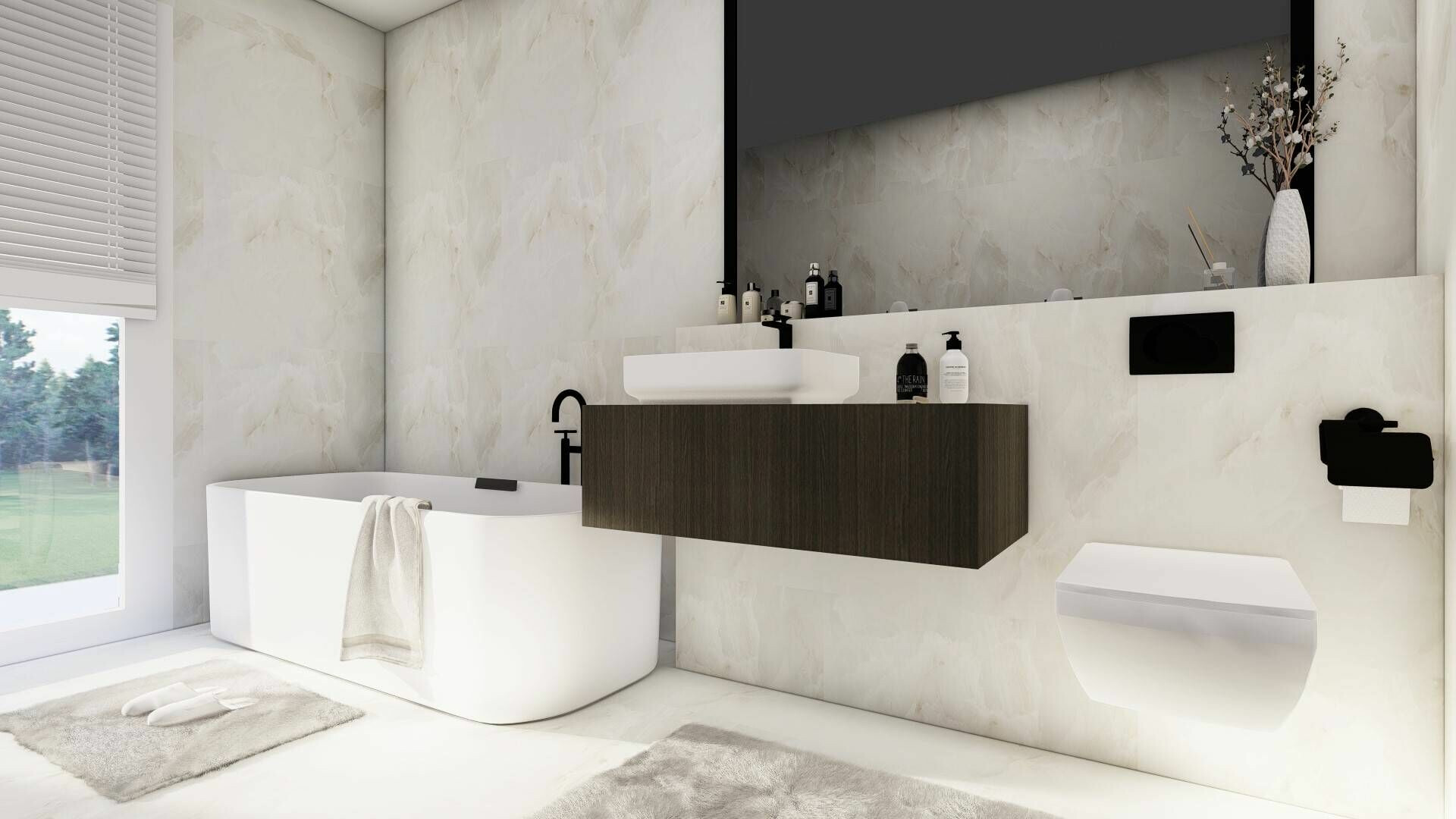 Modernes Badezimmer mit freistehender Wanne und wandhängendem WC