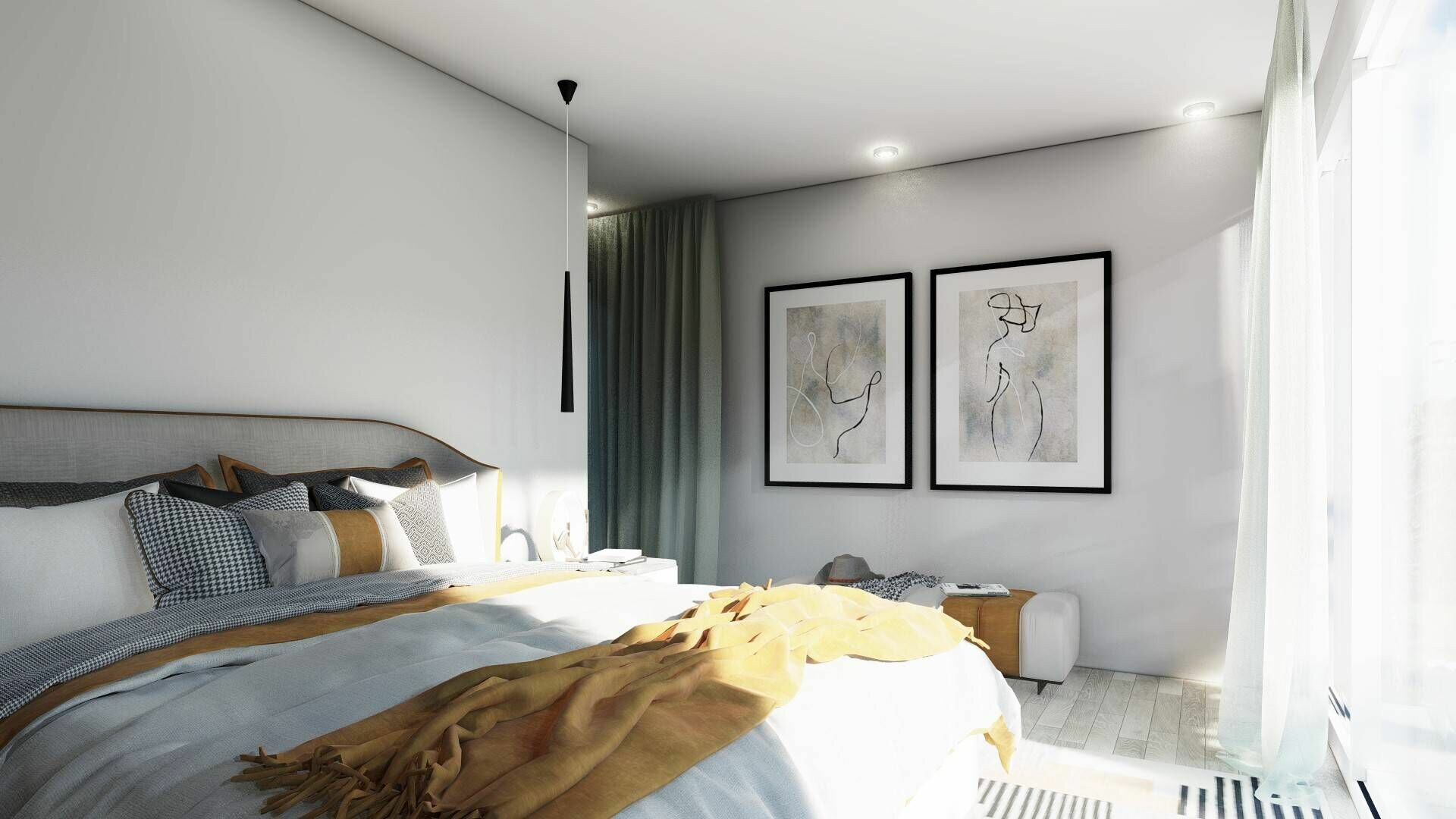 Helles, modernes Schlafzimmer mit Bett und Kunstwerken