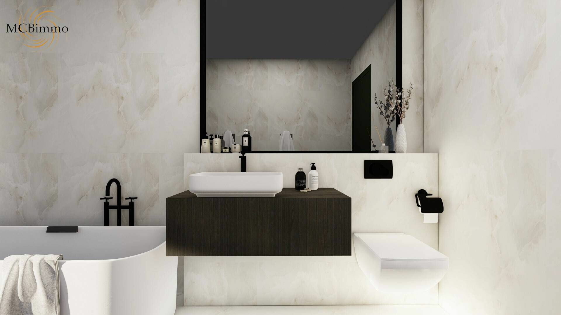 Modernes Badezimmer mit freistehender Wanne und dunklem Waschtisch