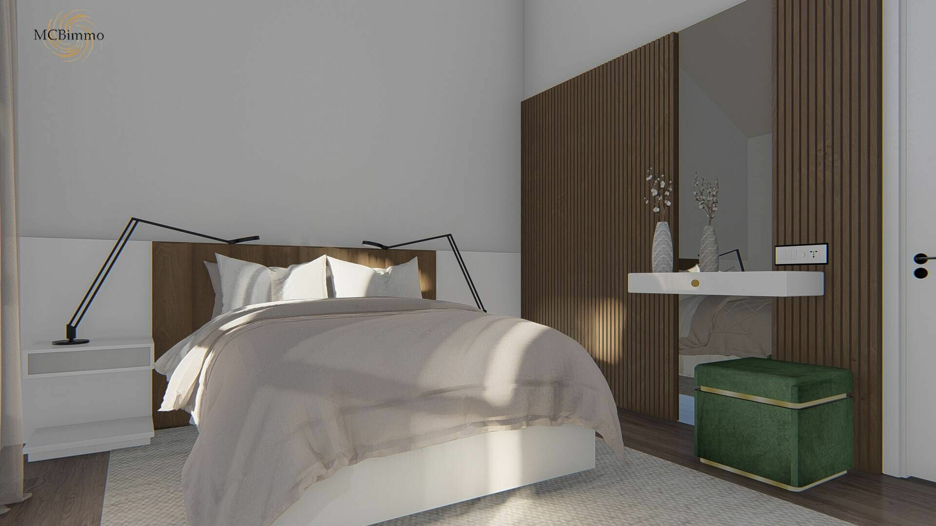 Modernes Schlafzimmer mit eleganter Holz- und Weißgestaltung