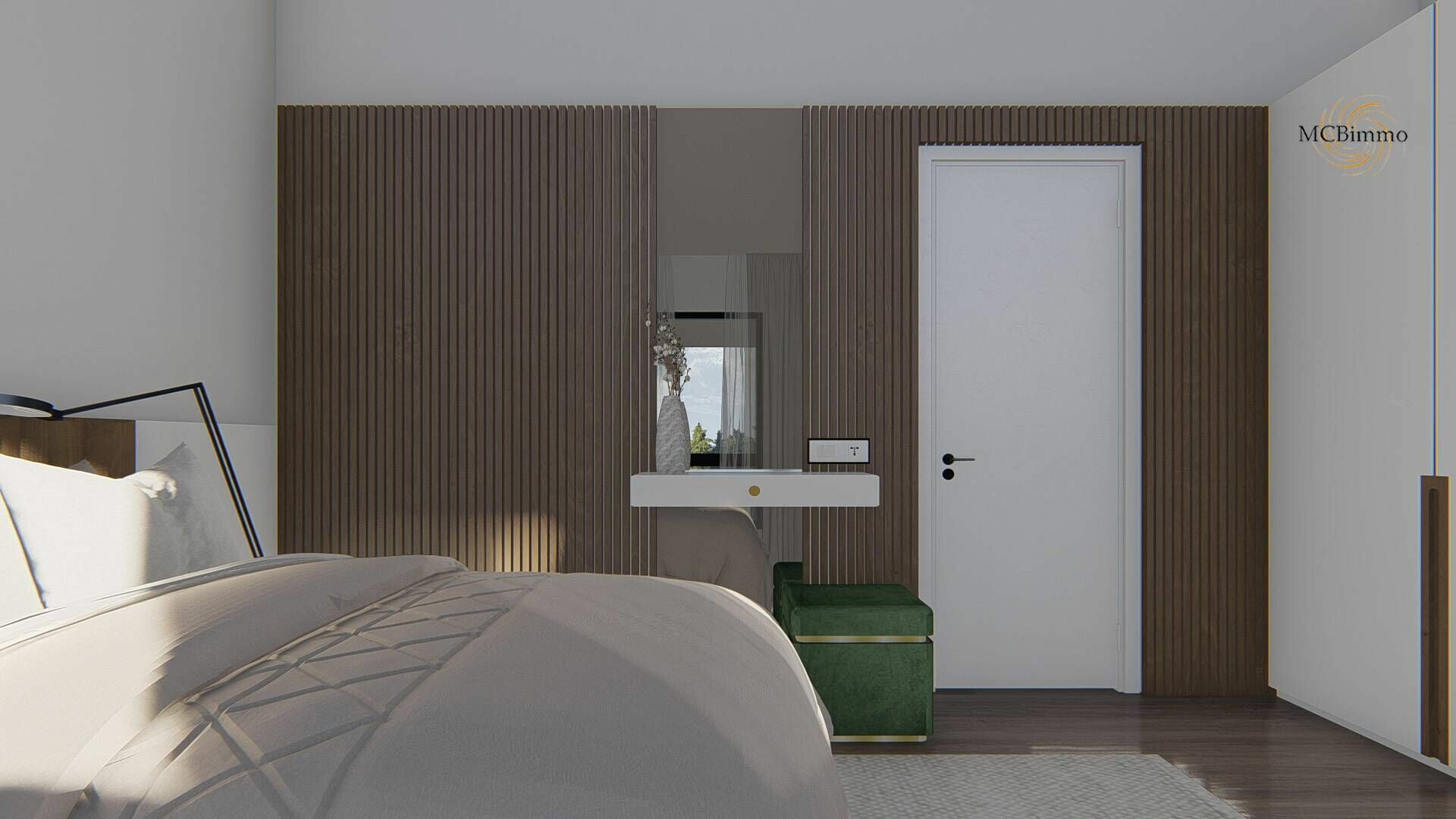 Modernes Schlafzimmer mit Holzpaneelwand