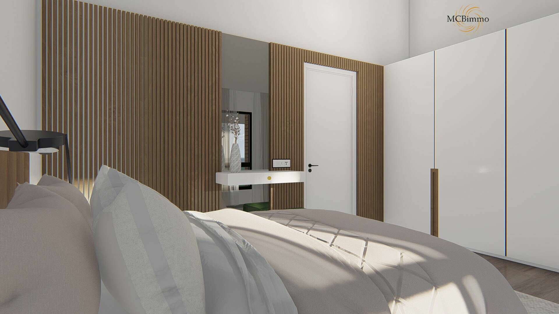 Modernes Schlafzimmer mit Holzlamellenwand und Einbauschrank