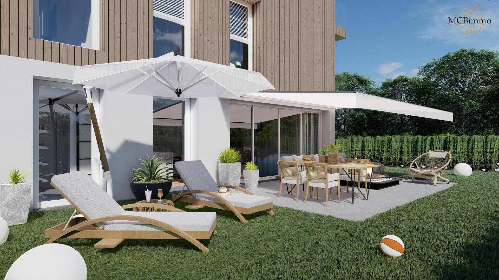 Moderner Garten mit Terrasse und Lounge-Bereich