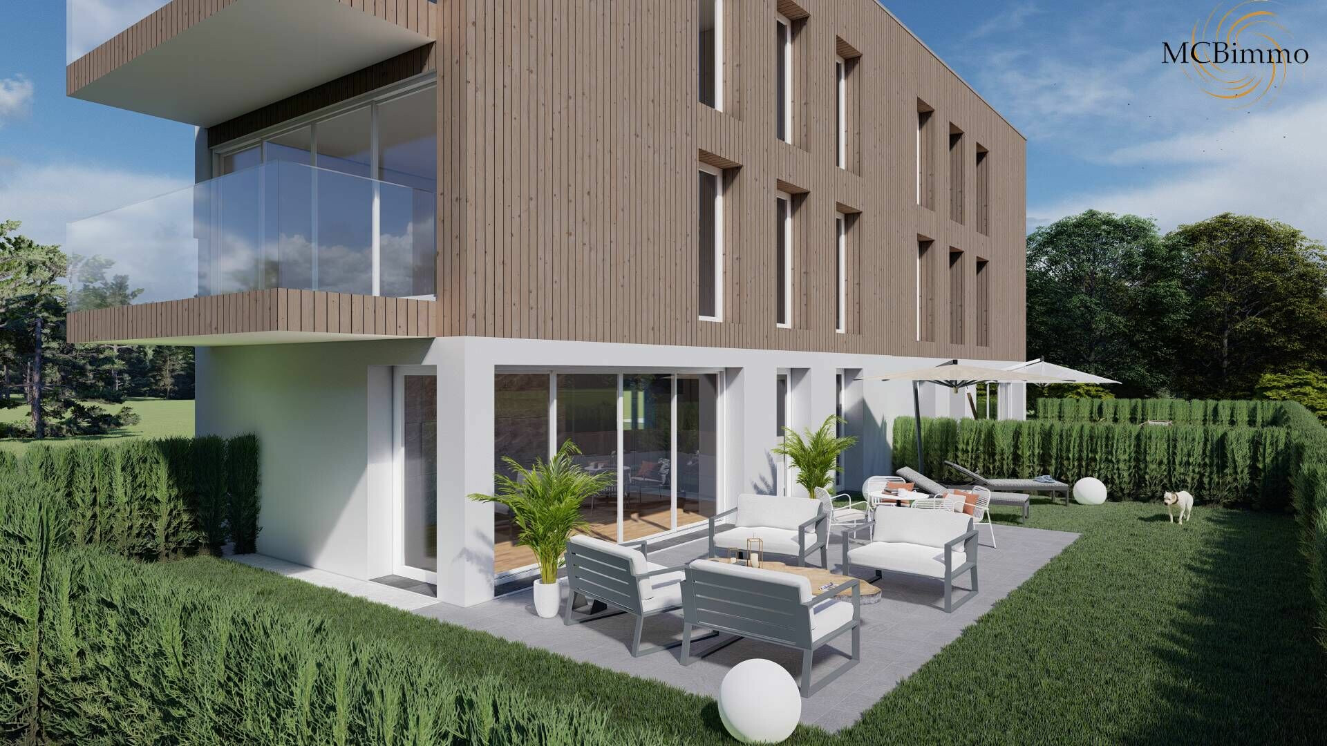Moderne Außenansicht mit Terrasse und Garten