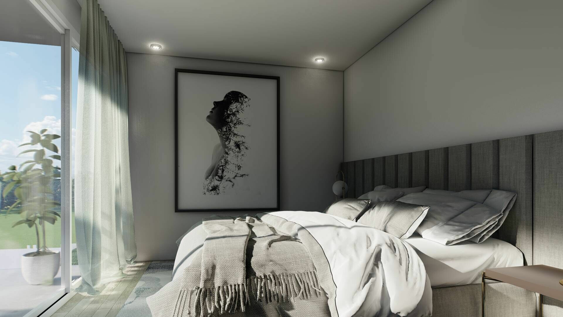 Modernes Schlafzimmer mit Balkonblick