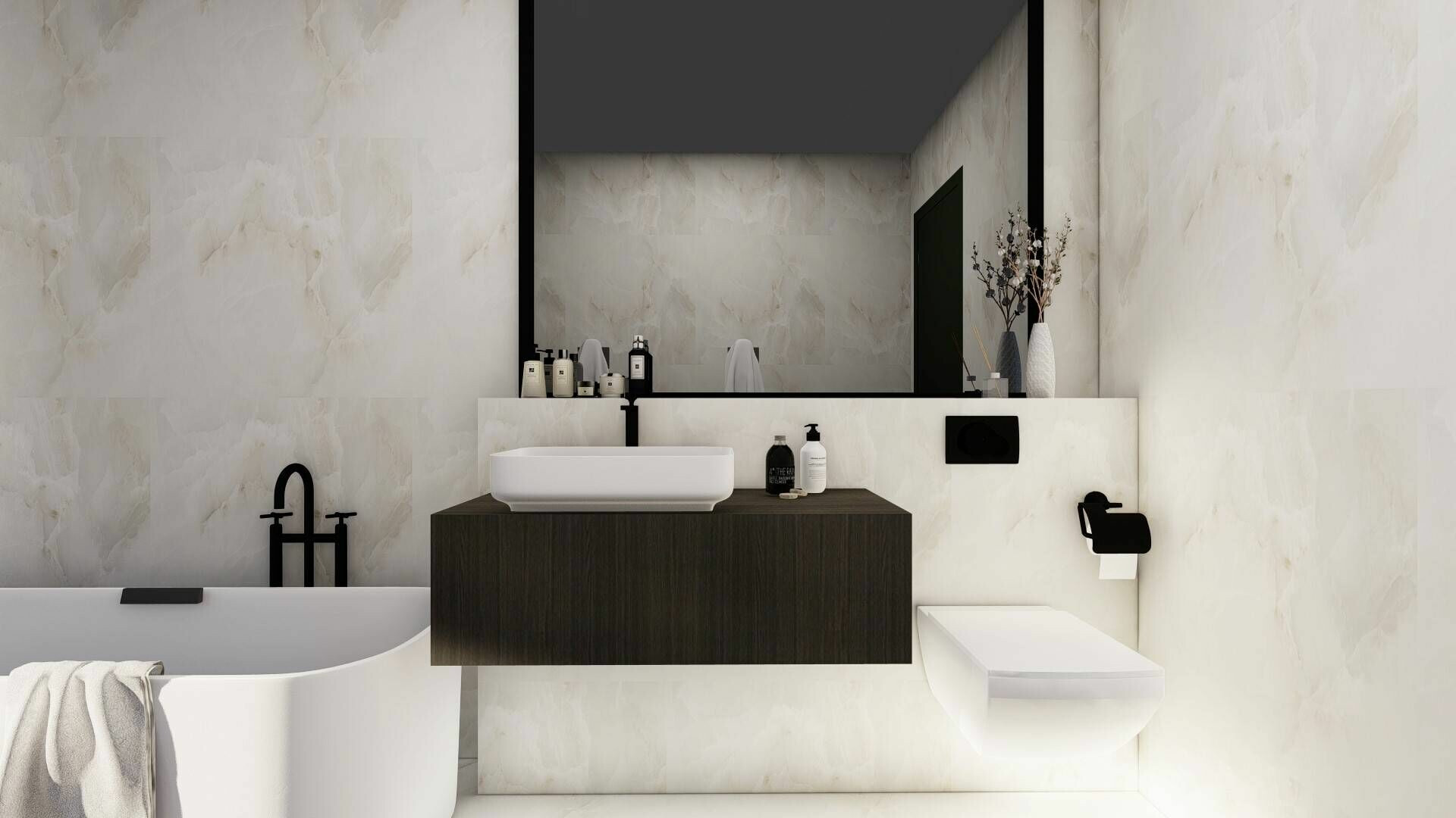 Modernes Badezimmer mit freistehender Wanne und Doppelwaschtisch