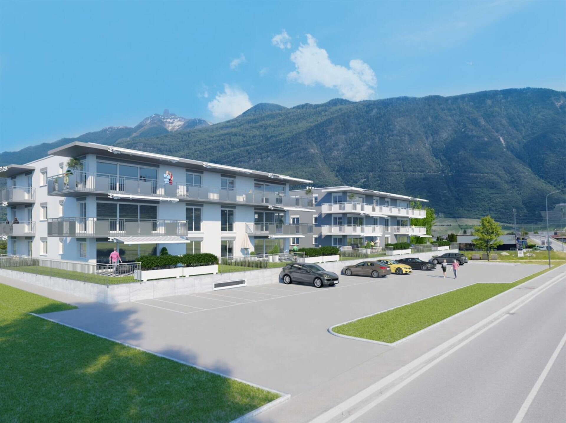 Modernes Mehrfamilienhaus mit Bergblick
