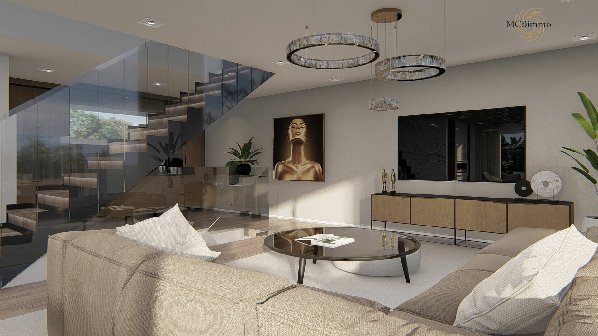 Modernes Wohn-Esszimmer mit offener Treppe