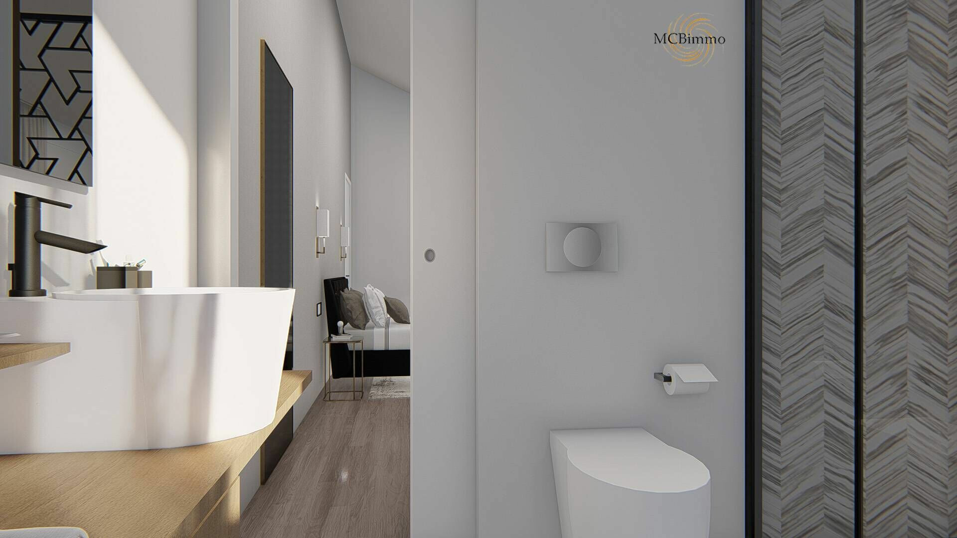 Modernes Badezimmer mit Blick in einen angrenzenden Raum