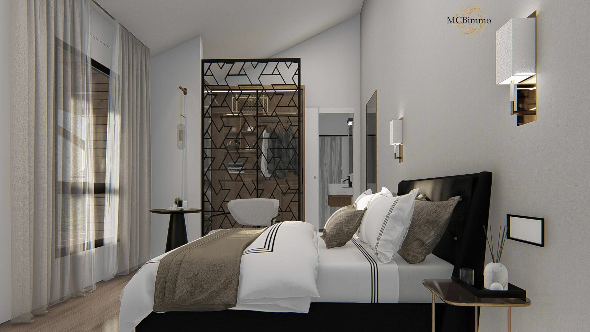 Modernes Schlafzimmer mit dunklem Bett und dekorativer Trennwand