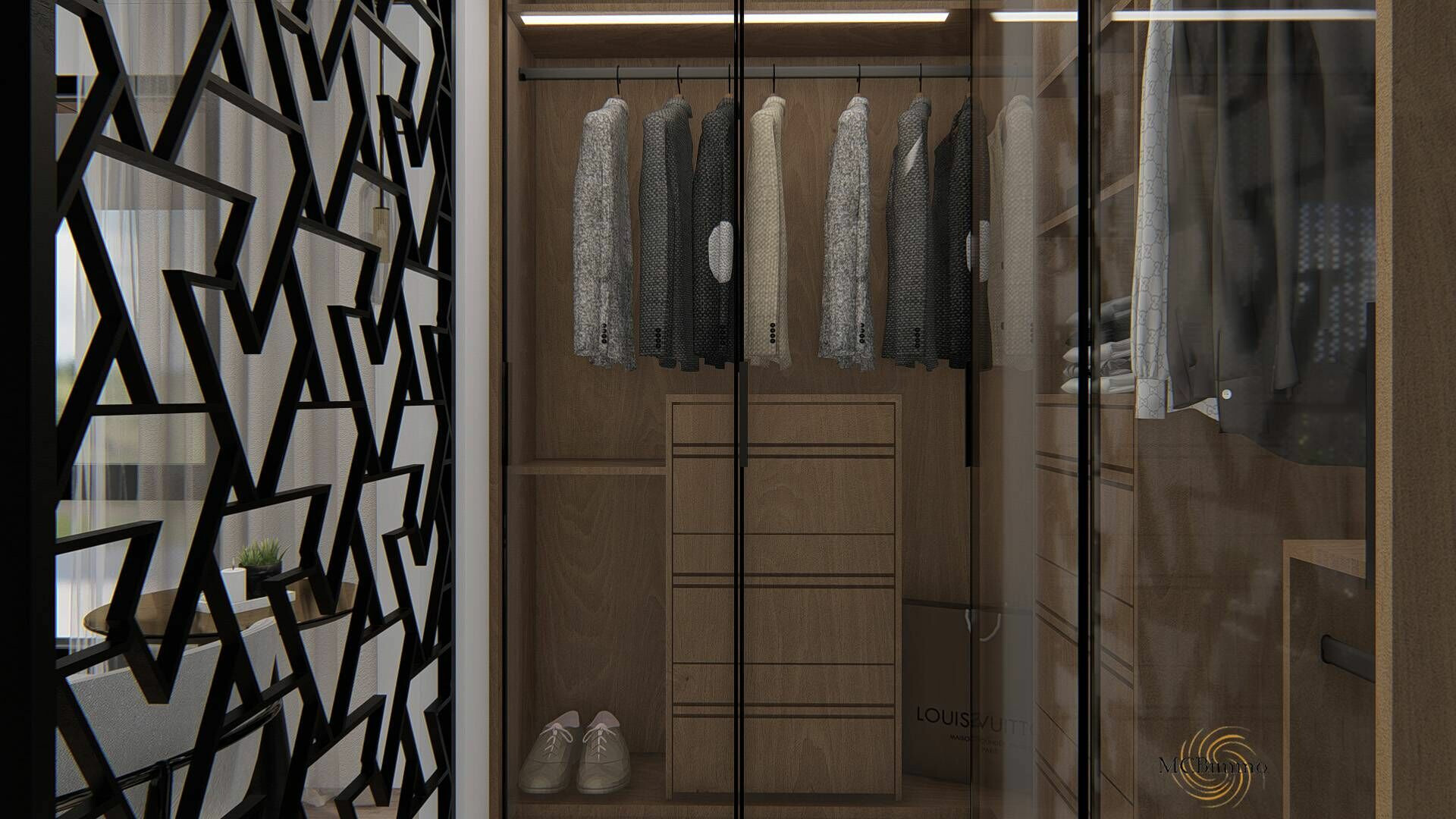 Luxuriöser begehbarer Kleiderschrank mit Glasfronten