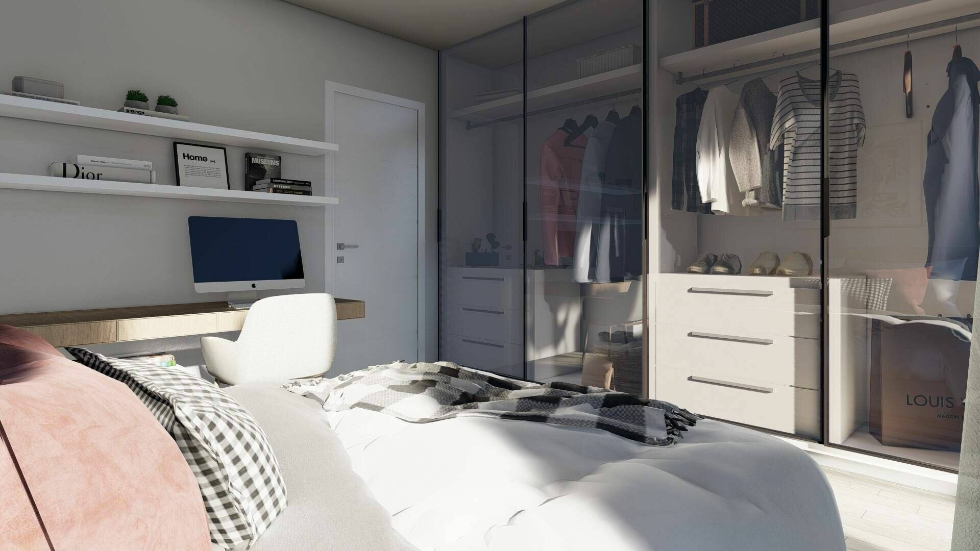 Modernes Schlafzimmer mit Ankleide und Arbeitsplatz