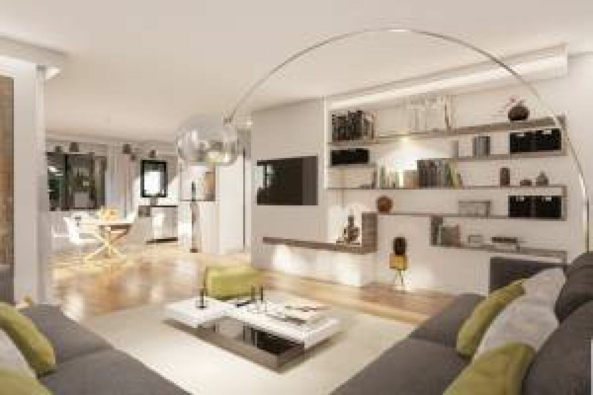 Modernes, helles Wohninterieur mit offener Regalwand