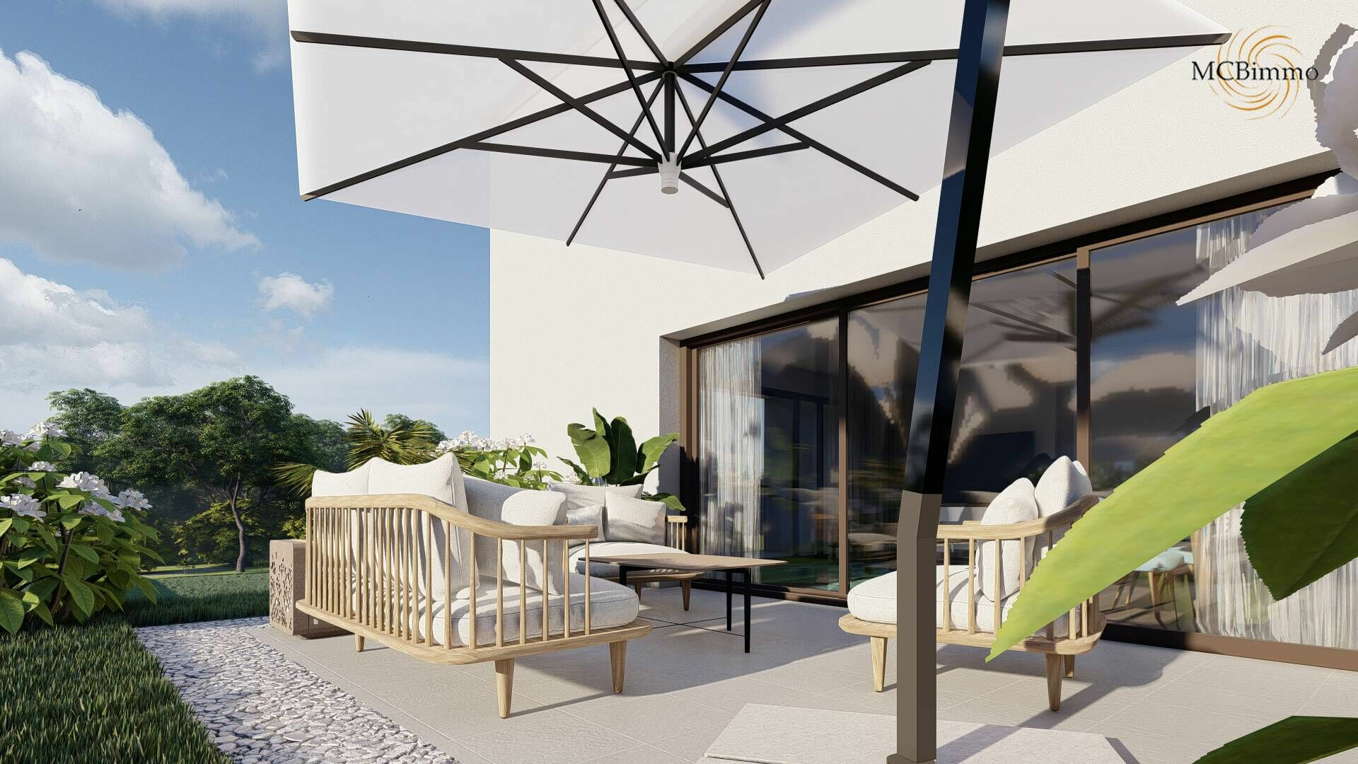 Überdachte Terrasse mit Lounge-Möbeln
