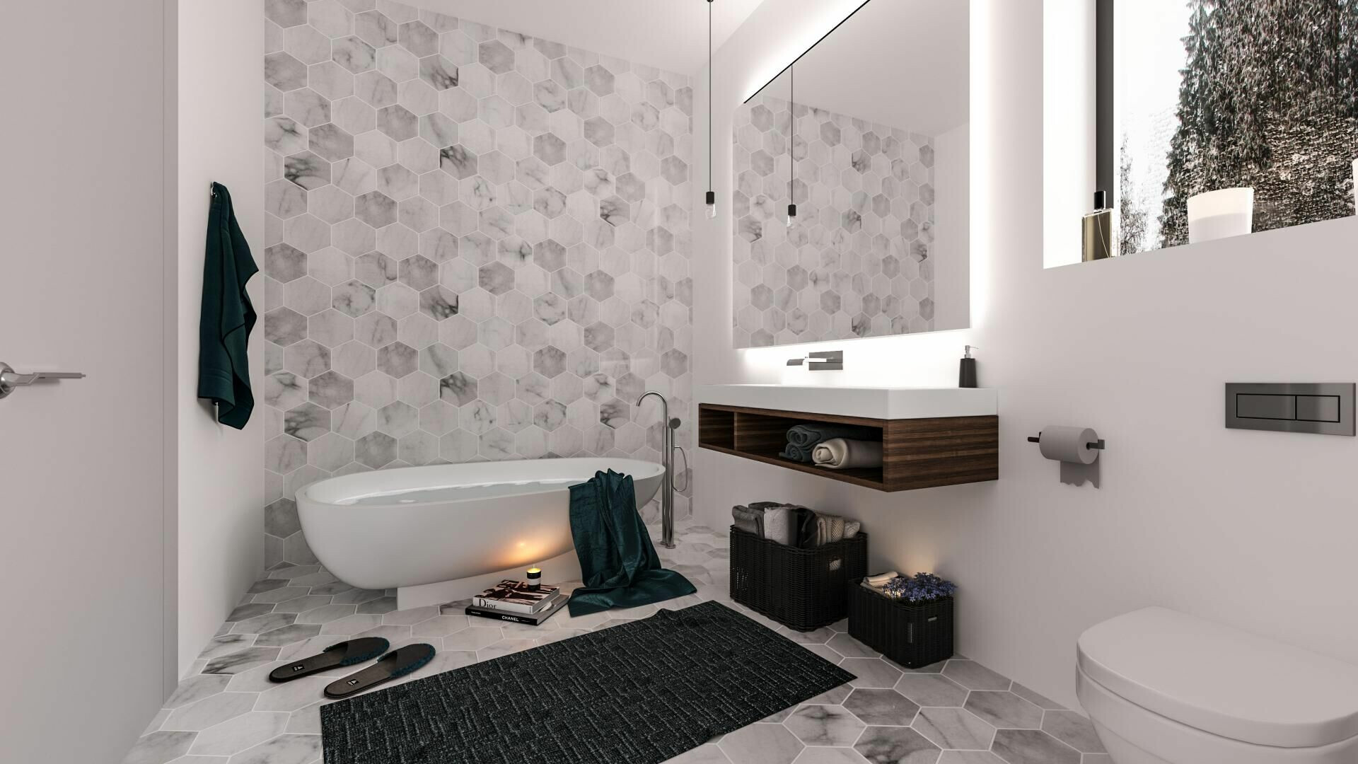 Modernes Badezimmer mit freistehender Wanne und Hexagonfliesen