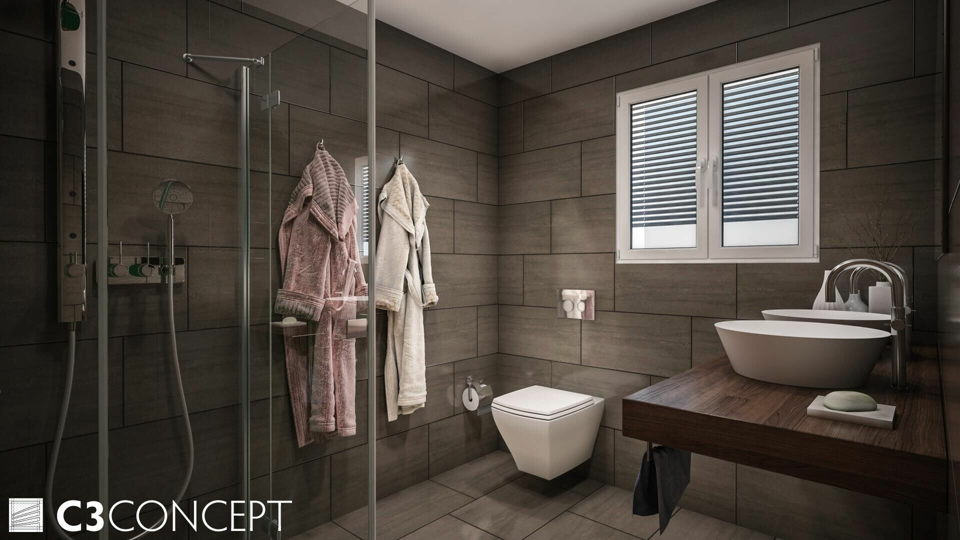 Modernes Badezimmer mit Dusche, WC und Doppelwaschtisch