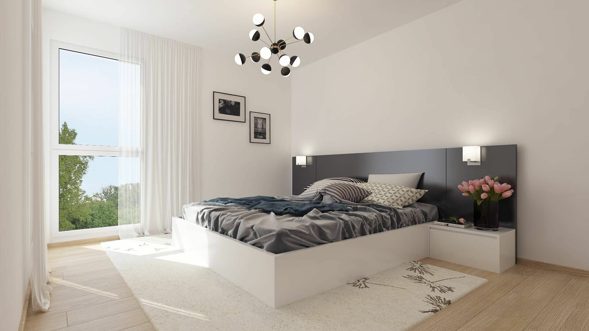 Helles Schlafzimmer mit großer Fensterfront