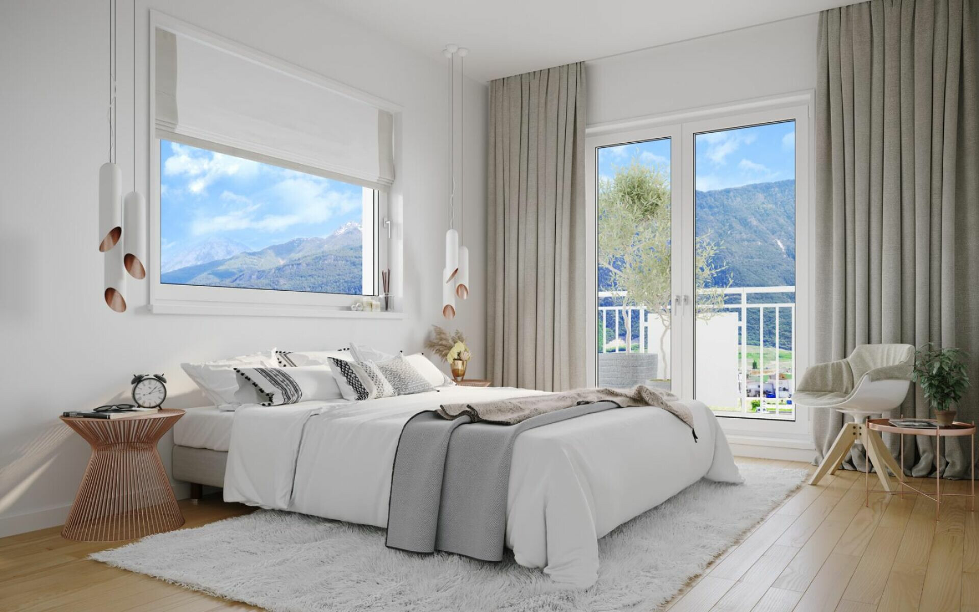 Helles Schlafzimmer mit Balkonblick auf Berge