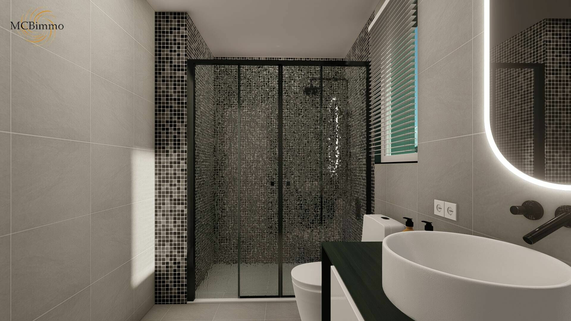 Modernes Badezimmer mit begehbarer Dusche und Waschtisch