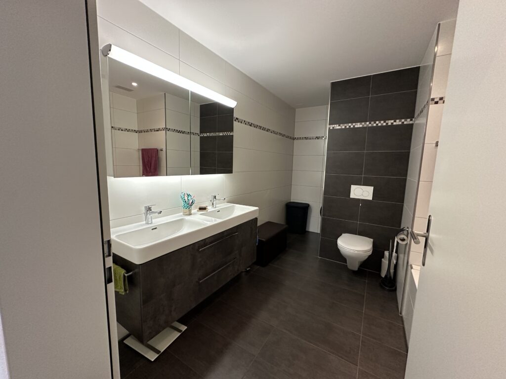 Modernes Badezimmer mit Doppelwaschtisch und WC