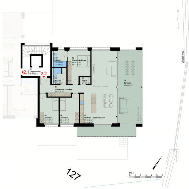 Grundriss mit Terrasse und Wohnbereich