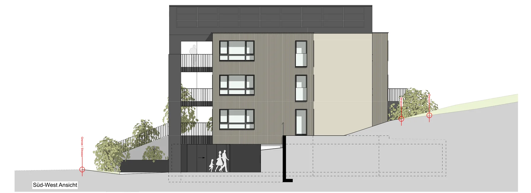 Süd-West-Ansicht eines modernen Mehrfamilienhauses