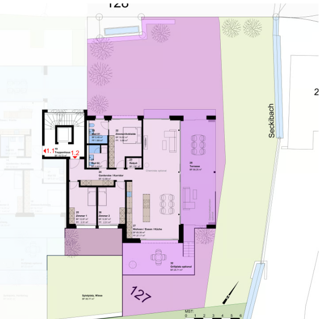Grundriss eines Erdgeschosses mit Terrasse und Gartenflächen