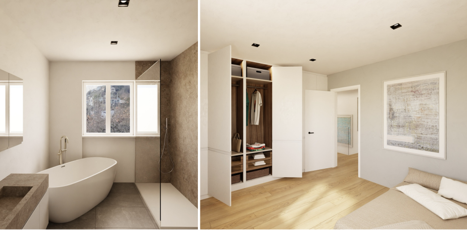 Badezimmer und Schlafzimmer in moderner Innenraumdarstellung
